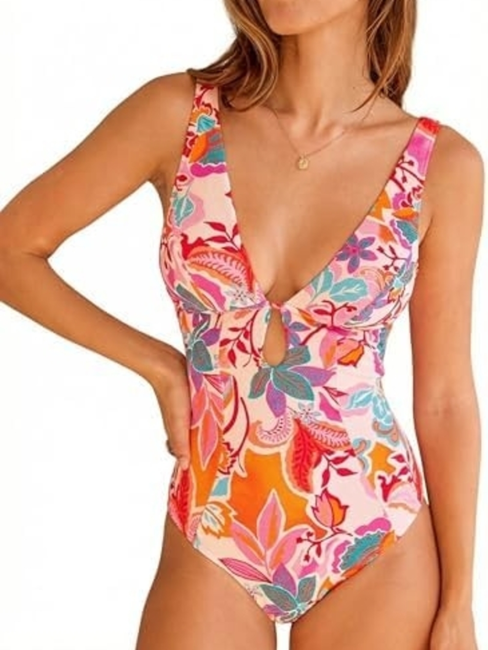 CUPSHE PINK MULTI FLORAL SWIMSUIT - Front Keyhole and Back O' Ring - SIZE Medium